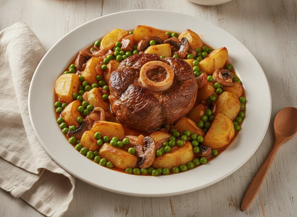 Ossobuco con guisantes y patatas photo
