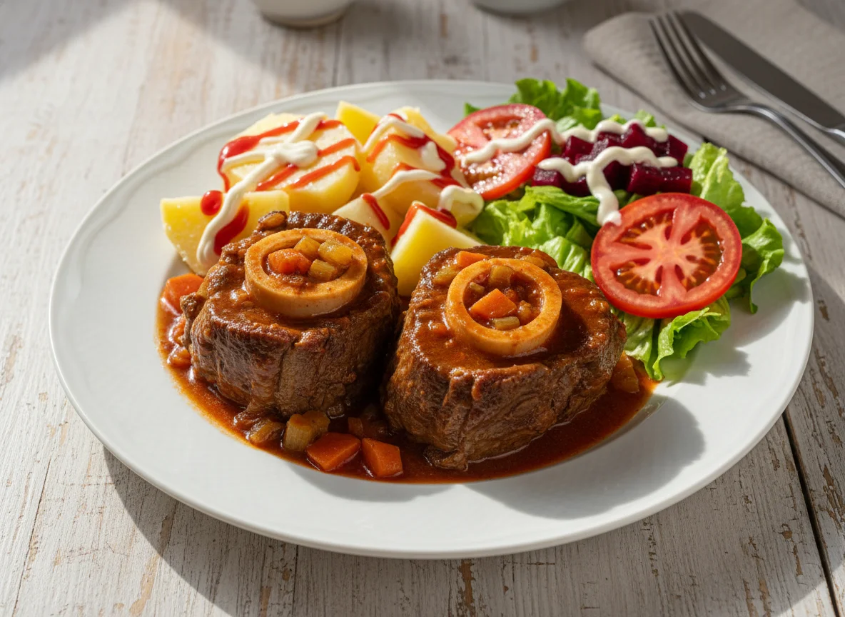 Ossobuco con papas y ensalada photo