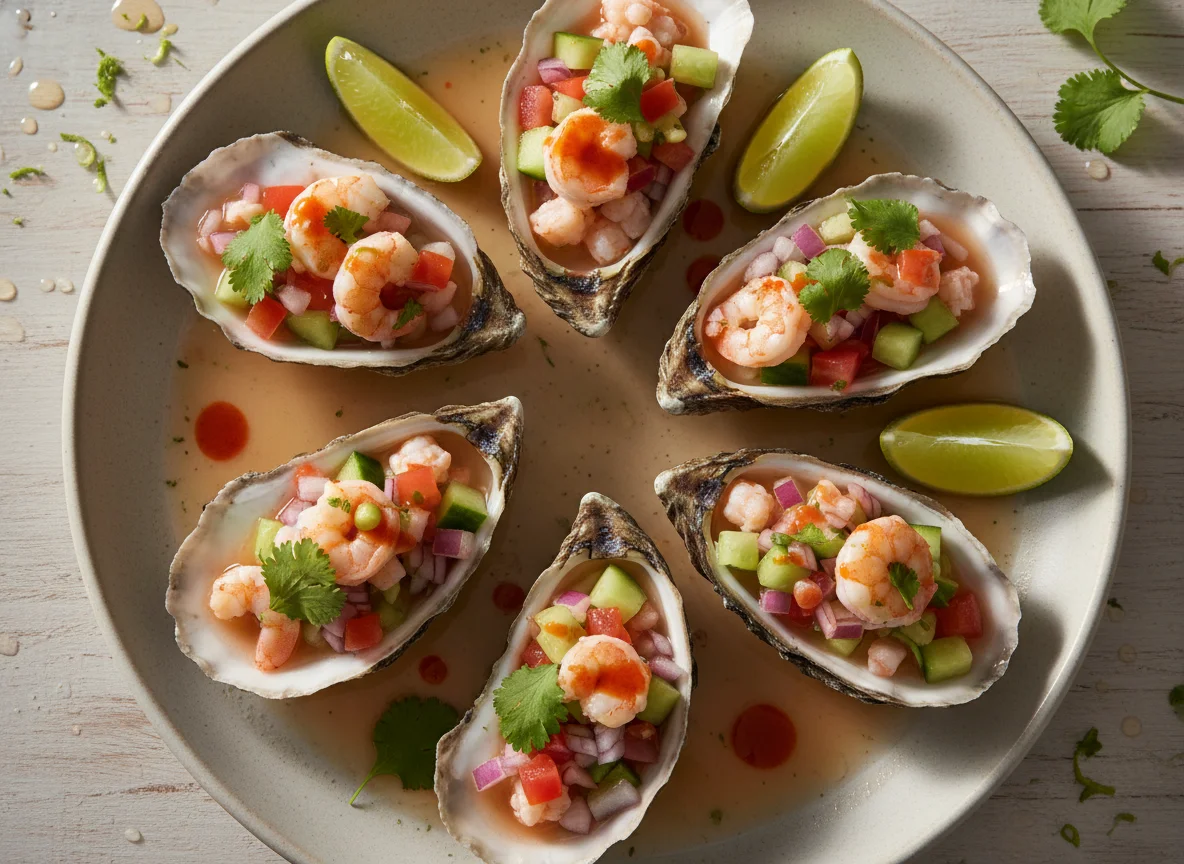Ostiones preparados con camarones y ceviche photo