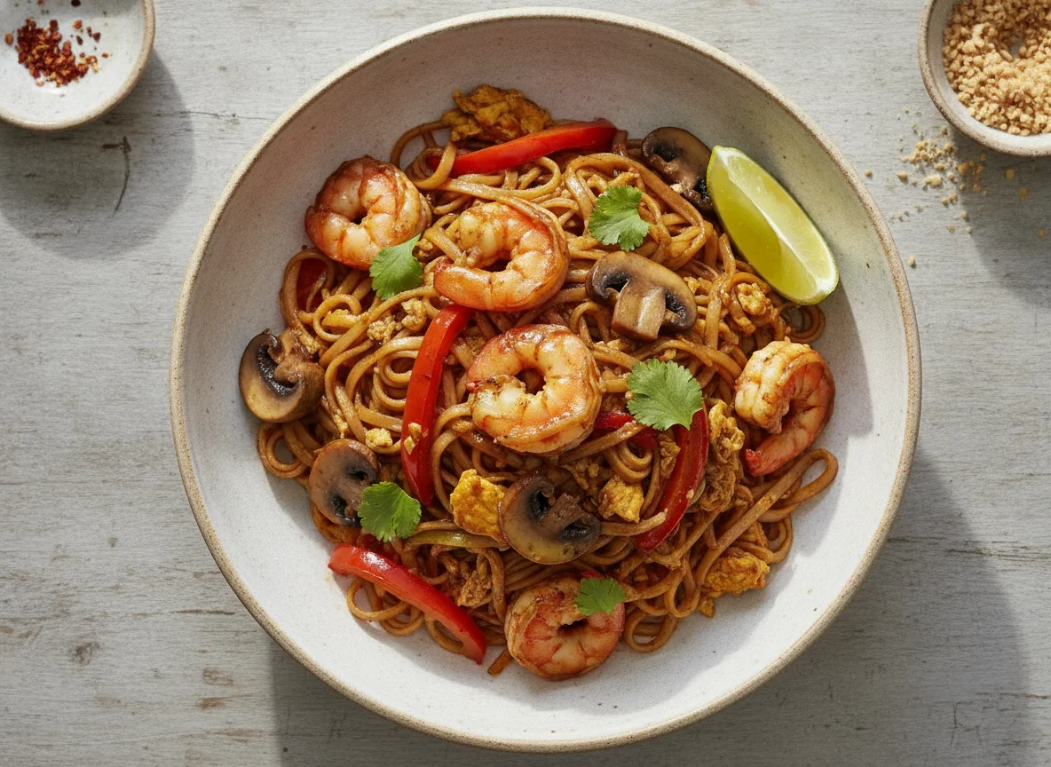 Pad Thai con gambas y champiñones photo