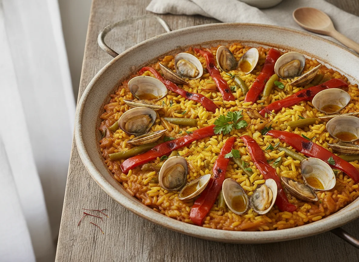 Paella de marisco con pimientos photo