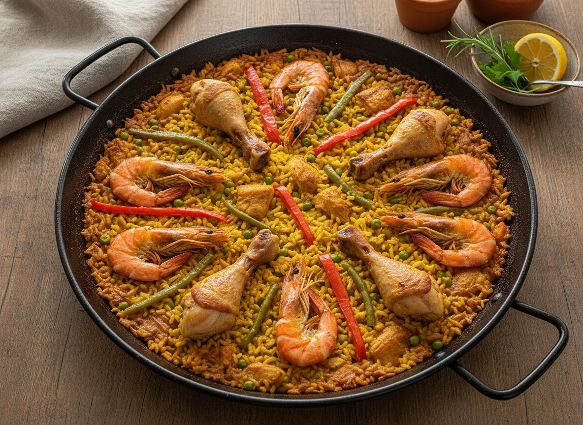 Paella de verduras pollo y langostinos photo