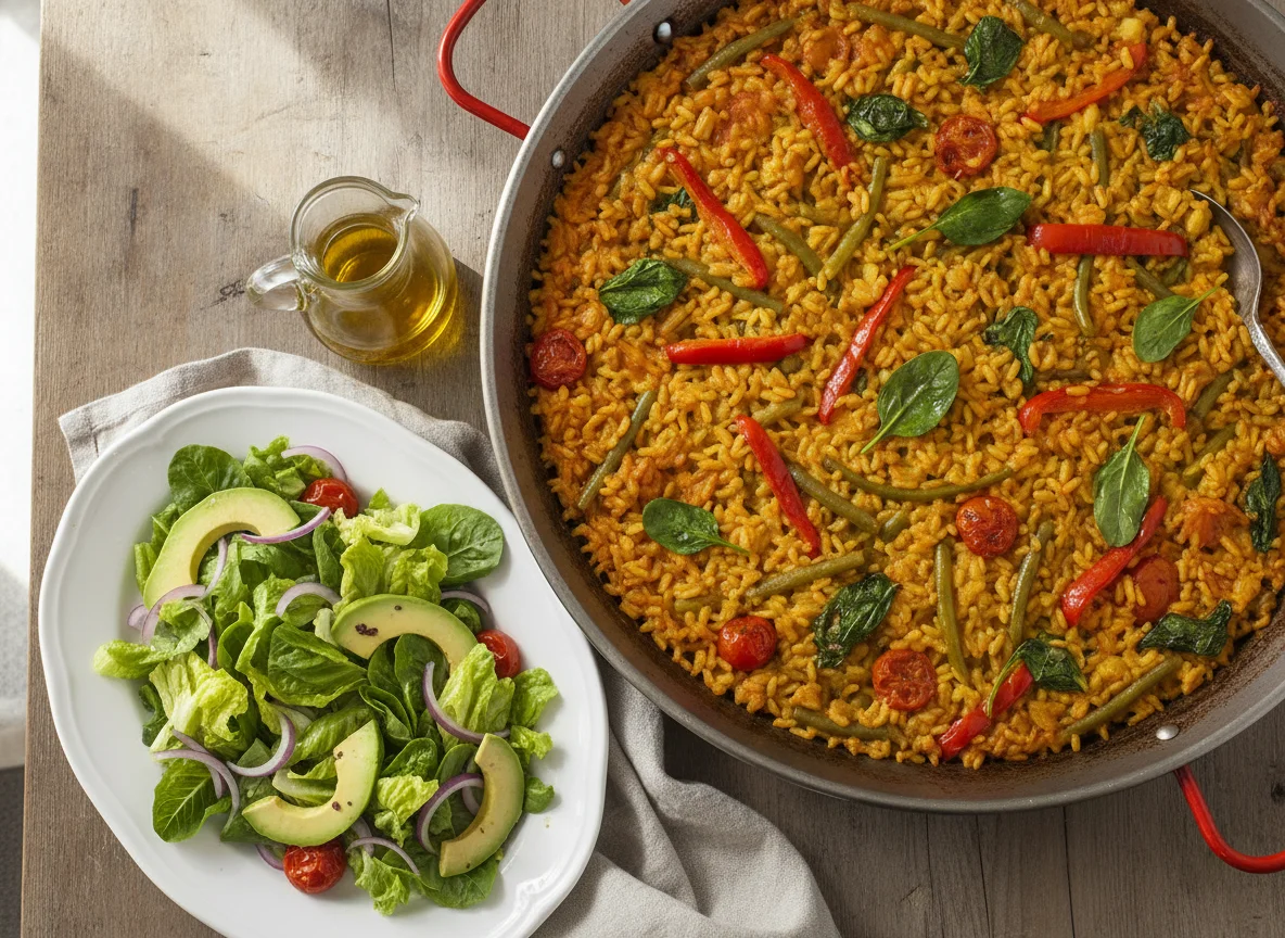 Paella de verduras y ensalada mixta photo
