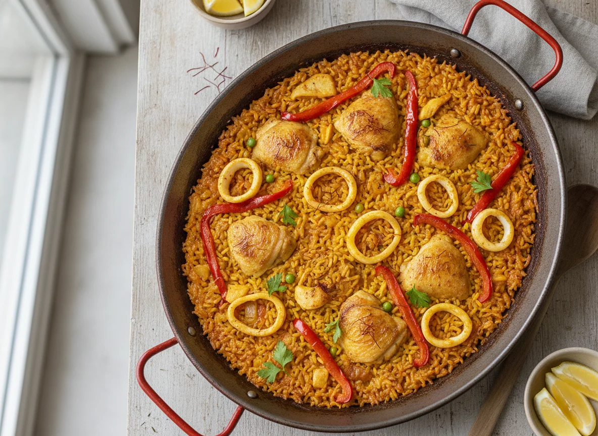 Paella mixta de pollo y calamares photo