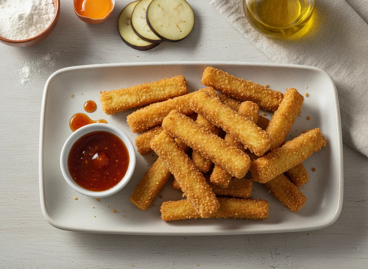 Palitos de berenjena fritos con salsa photo