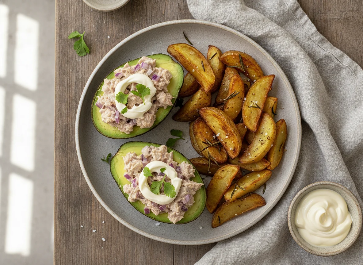 Palta rellena con atún y papas asadas photo