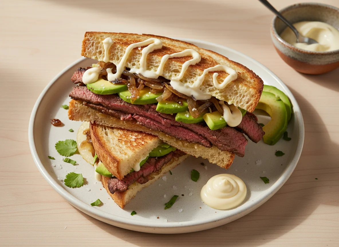 Pan con carne asada y aguacate photo