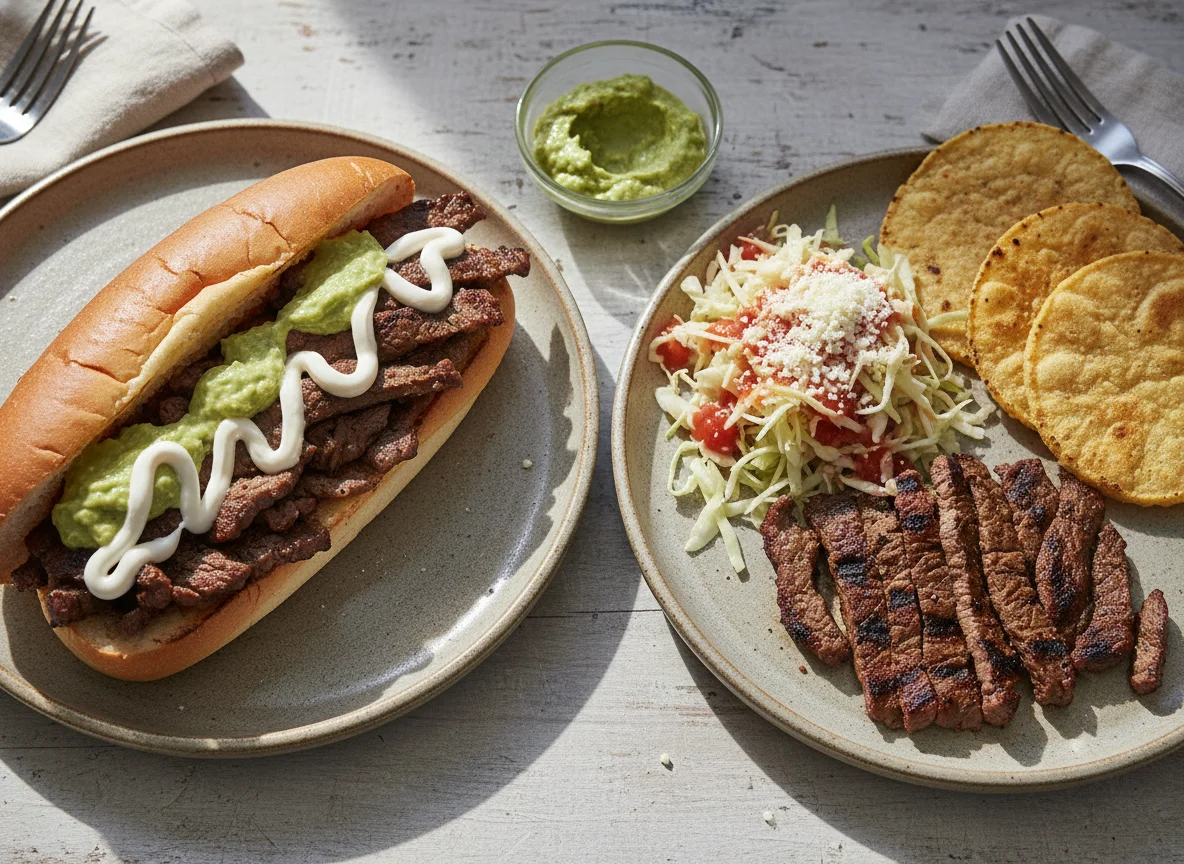 Pan con carne y plato de carne asada photo