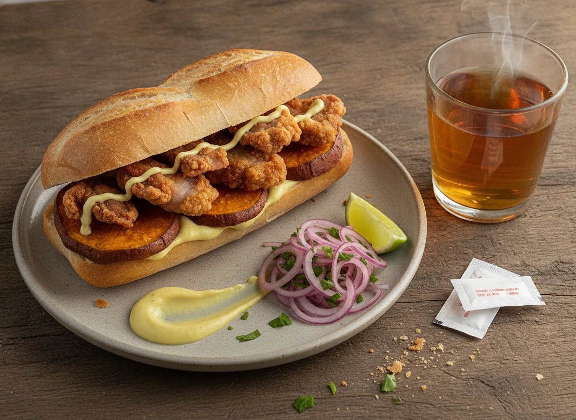 Pan con chicharrón y té photo