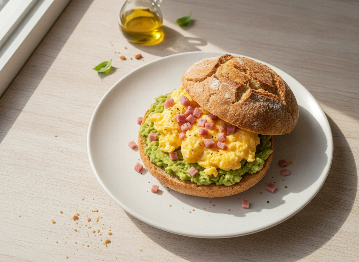 Pan con huevo revuelto y palta photo