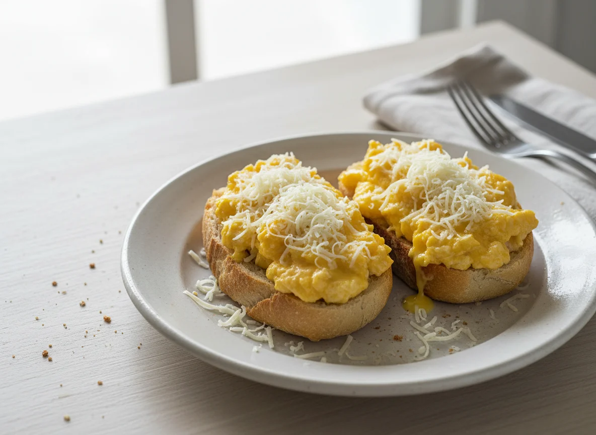 Pan con huevo revuelto y queso photo