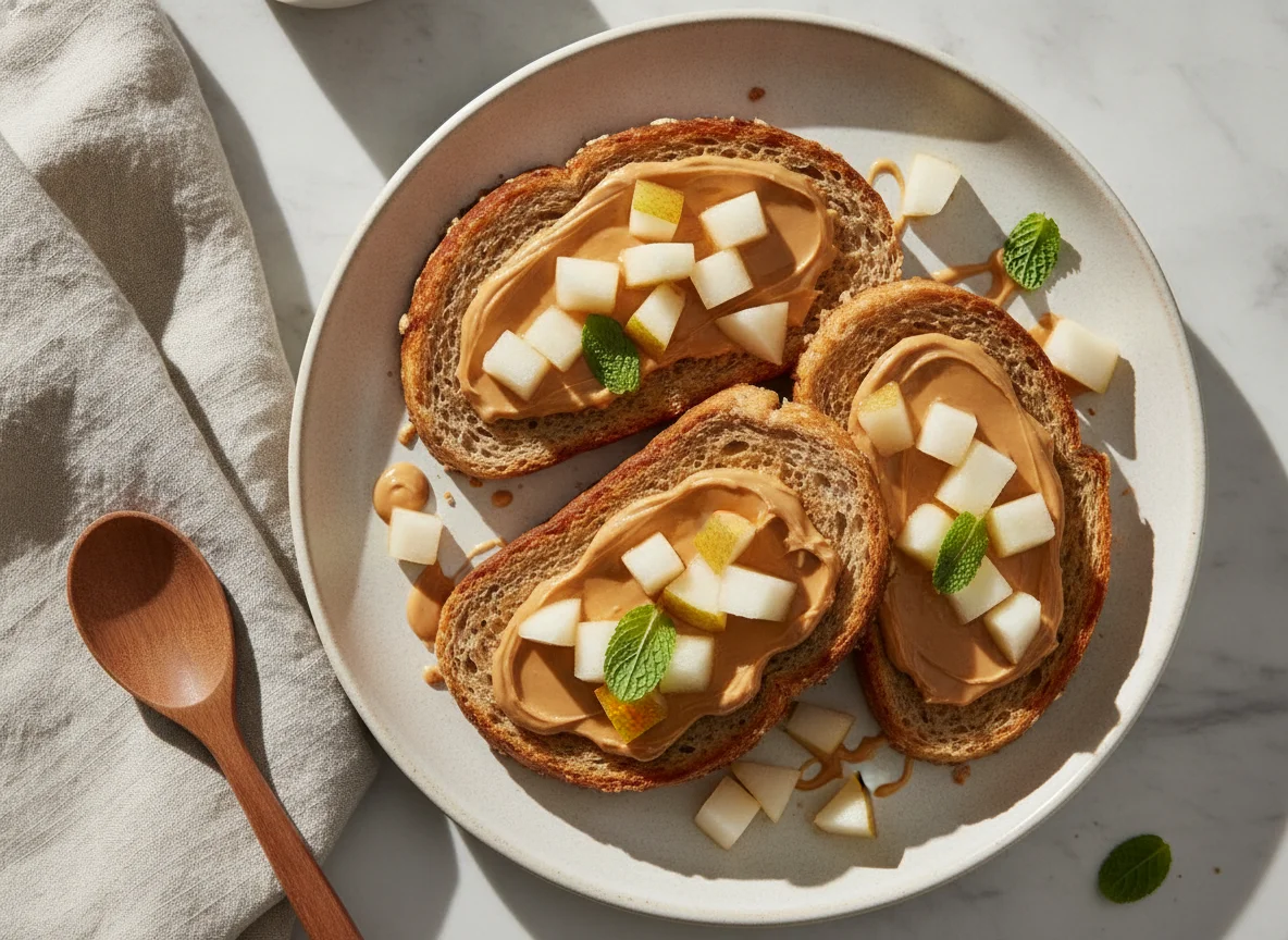 Pan francés con pera y crema de cacahuate photo