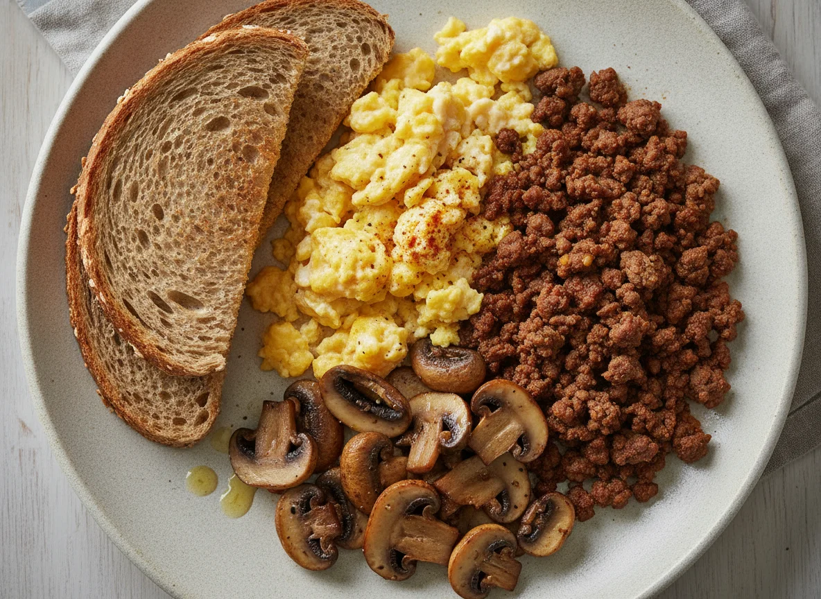 Pan integral con huevos revueltos, carne molida y champiñones photo