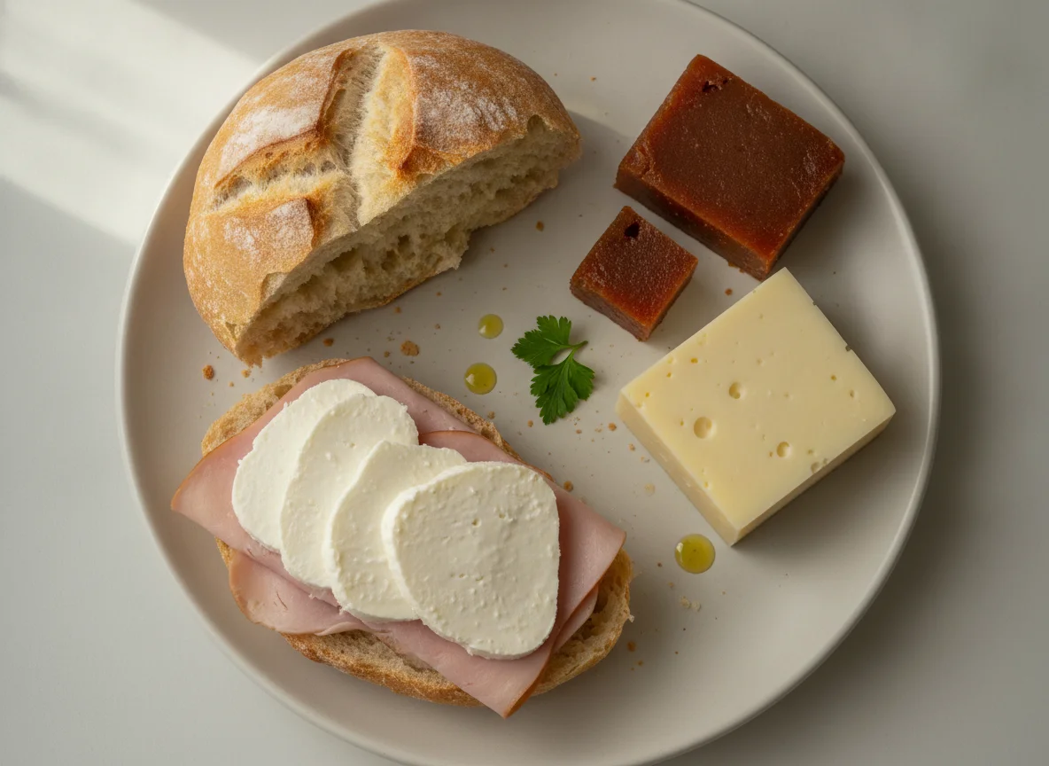 Pan marraqueta con quesillo, jamón de pavo, queso chanco y dulce de membrillo photo