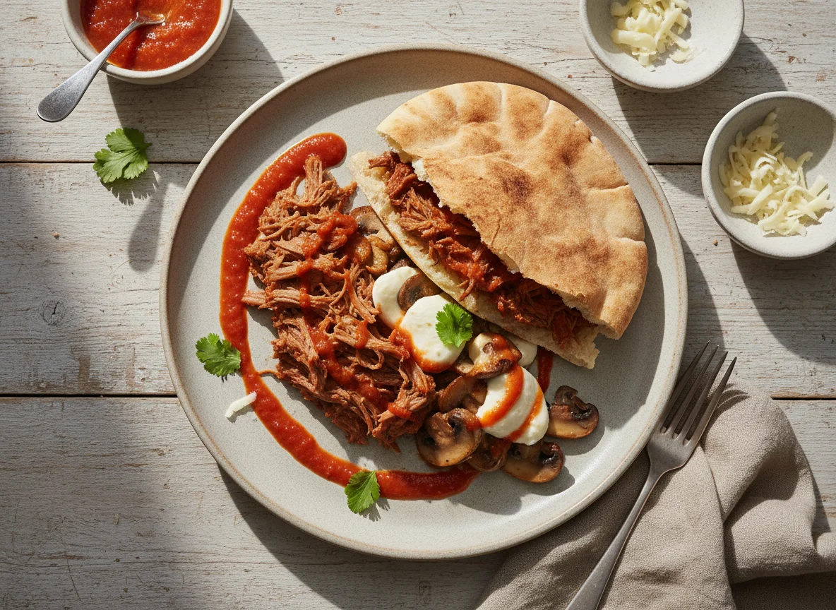 Pan pita con carne deshebrada, champiñones y queso photo
