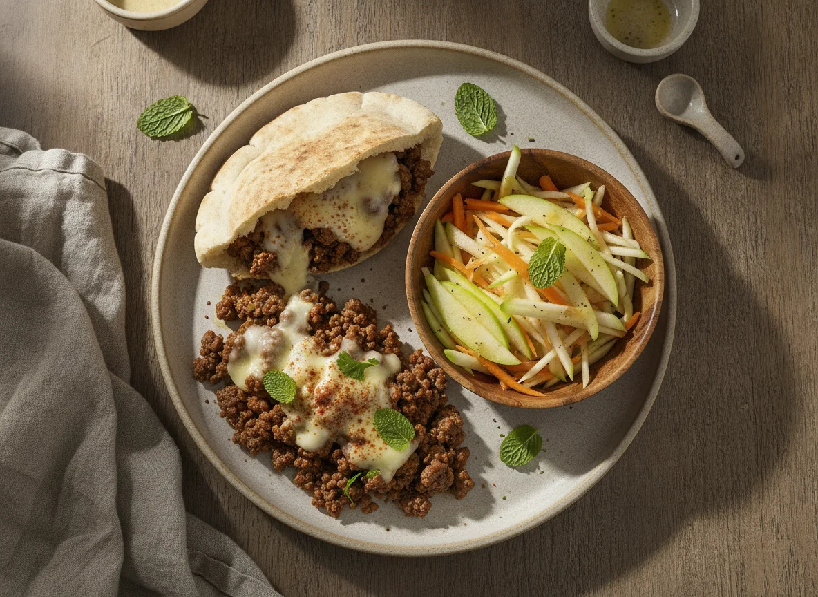 Pan pita con carne molida y ensalada de manzana con zanahoria photo