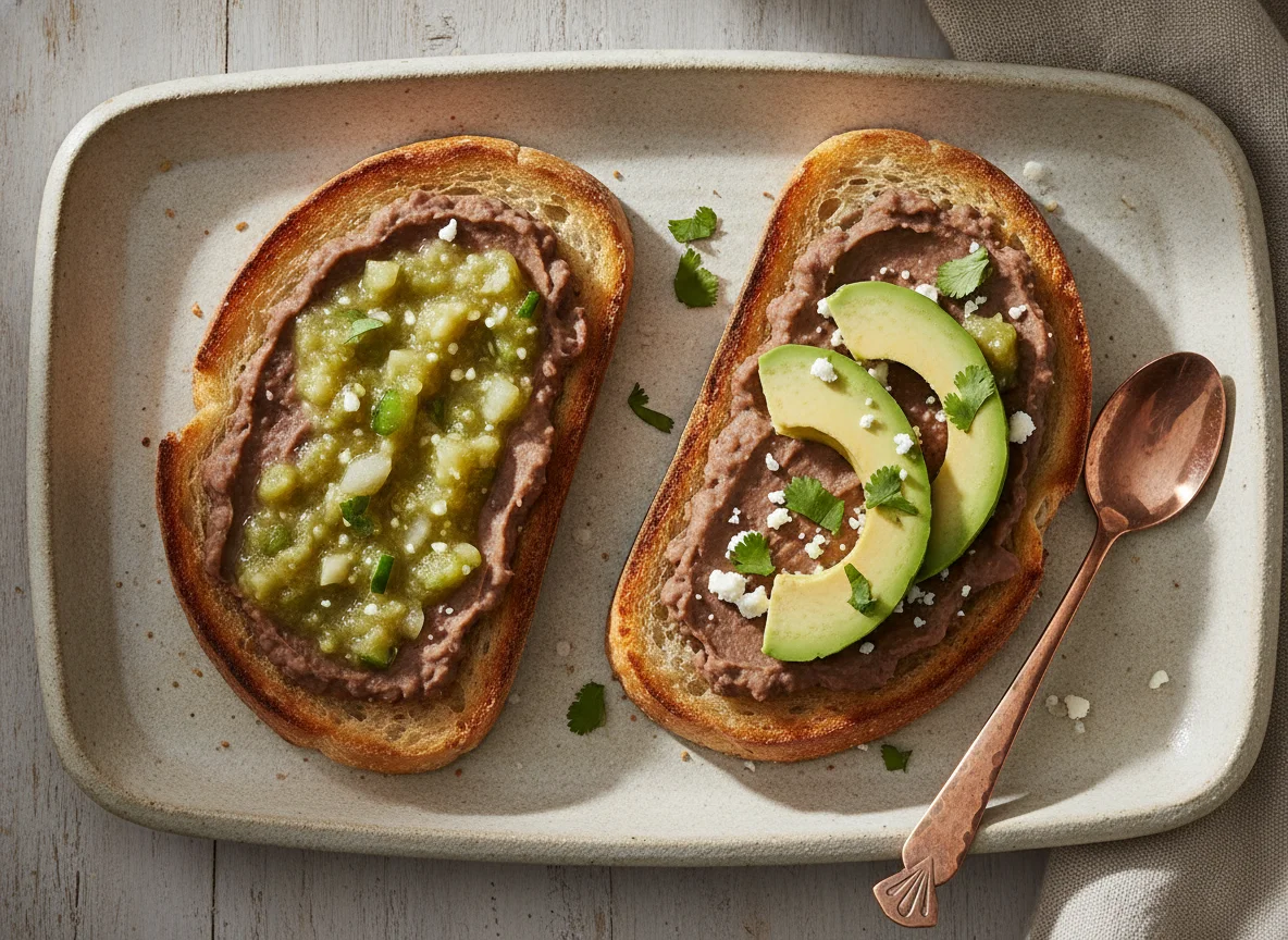 Pan tostado con aderezos y frijoles photo