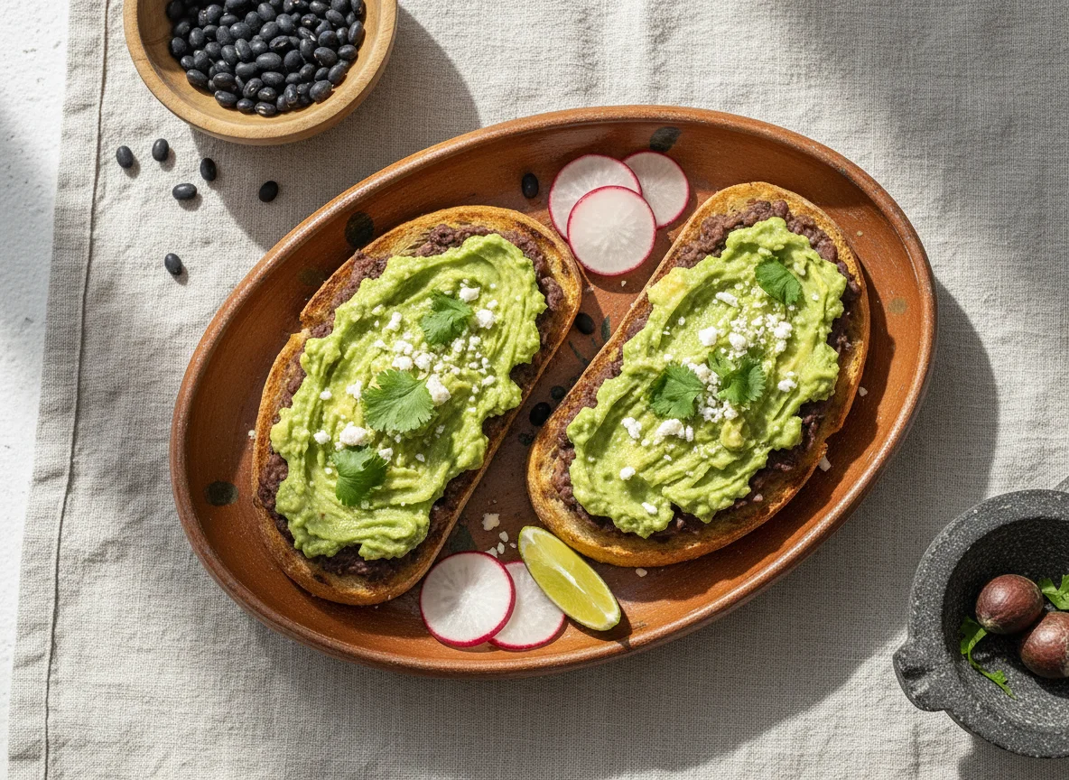 Pan tostado con aguacate y frijoles photo