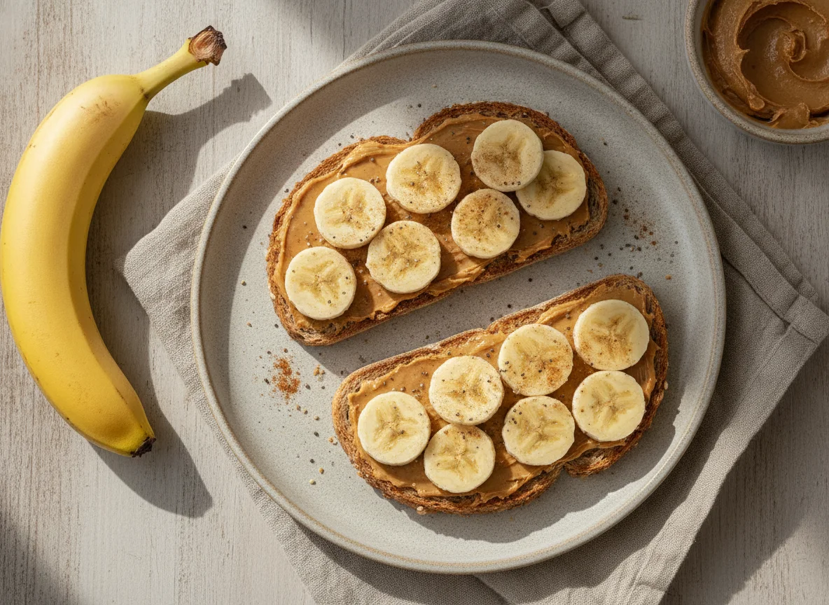 Pan tostado con crema de cacahuate y plátano photo