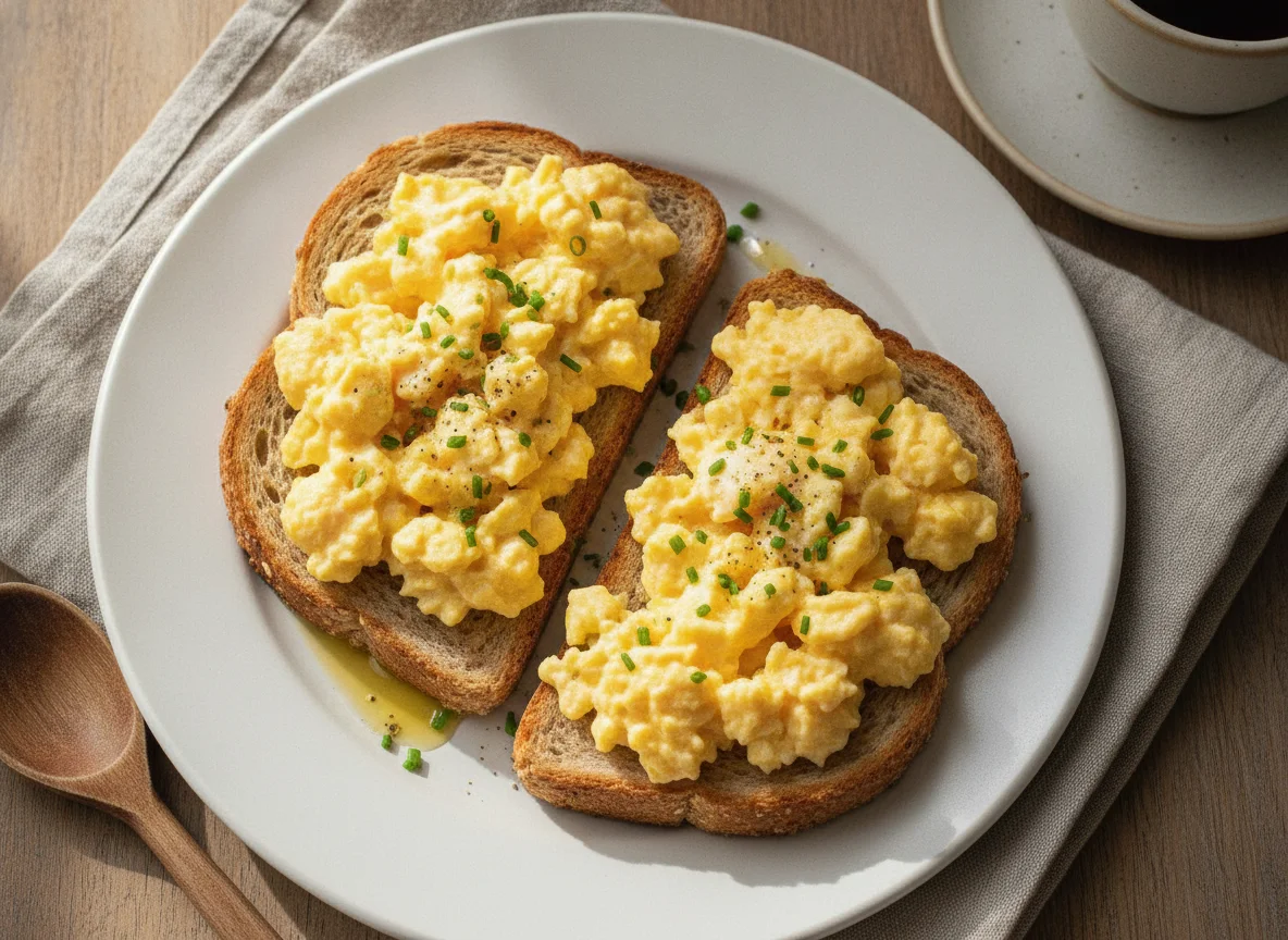 Pan tostado con huevos revueltos photo