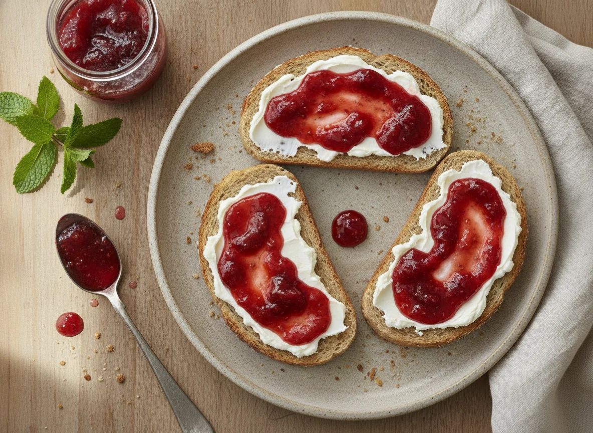 Pan tostado con queso crema y mermelada photo