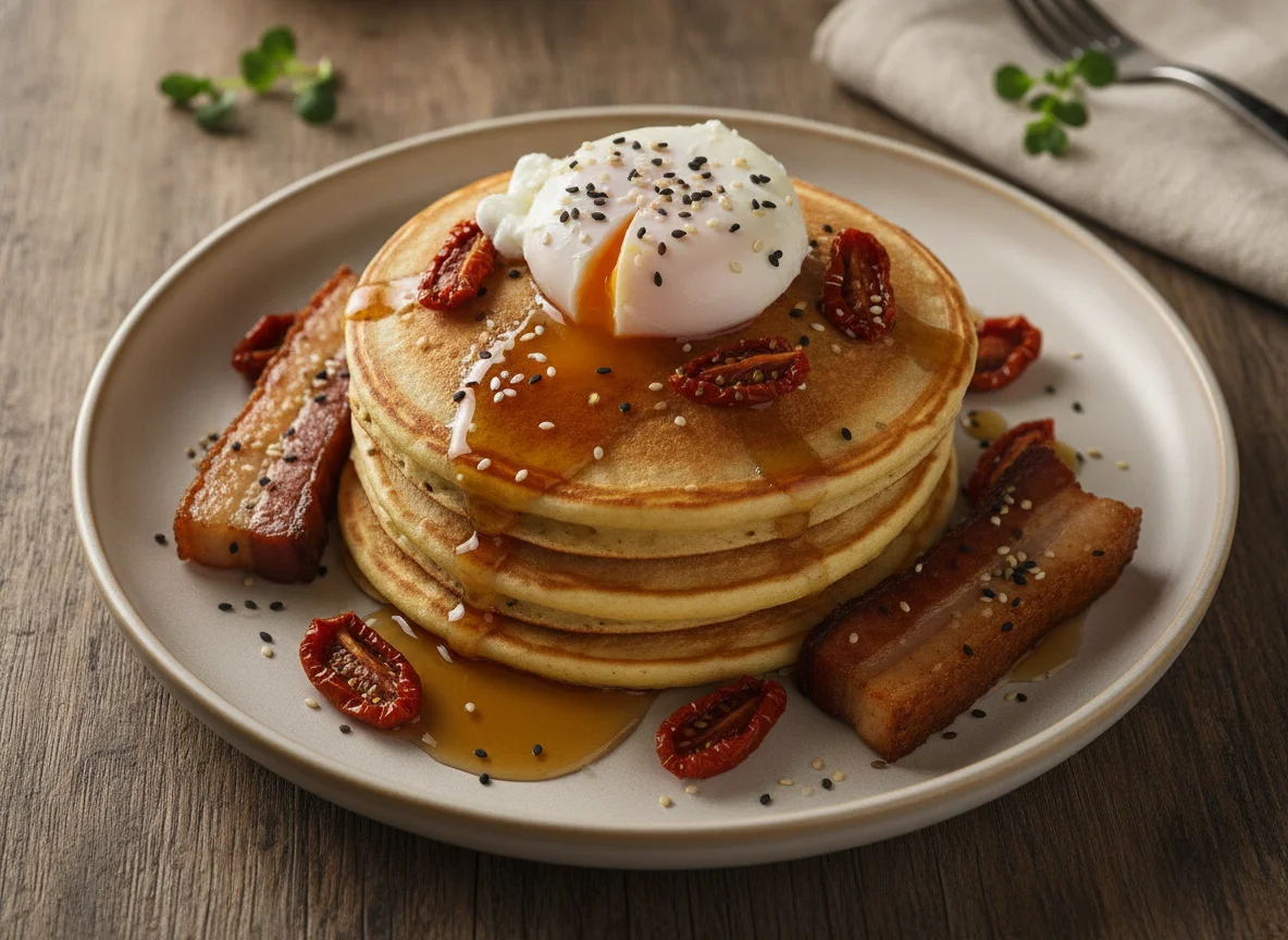 Pancakes con tocino y huevo pochado photo
