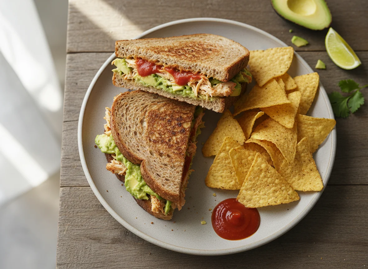 Panini de pollo con aguacate y chips de tortilla photo