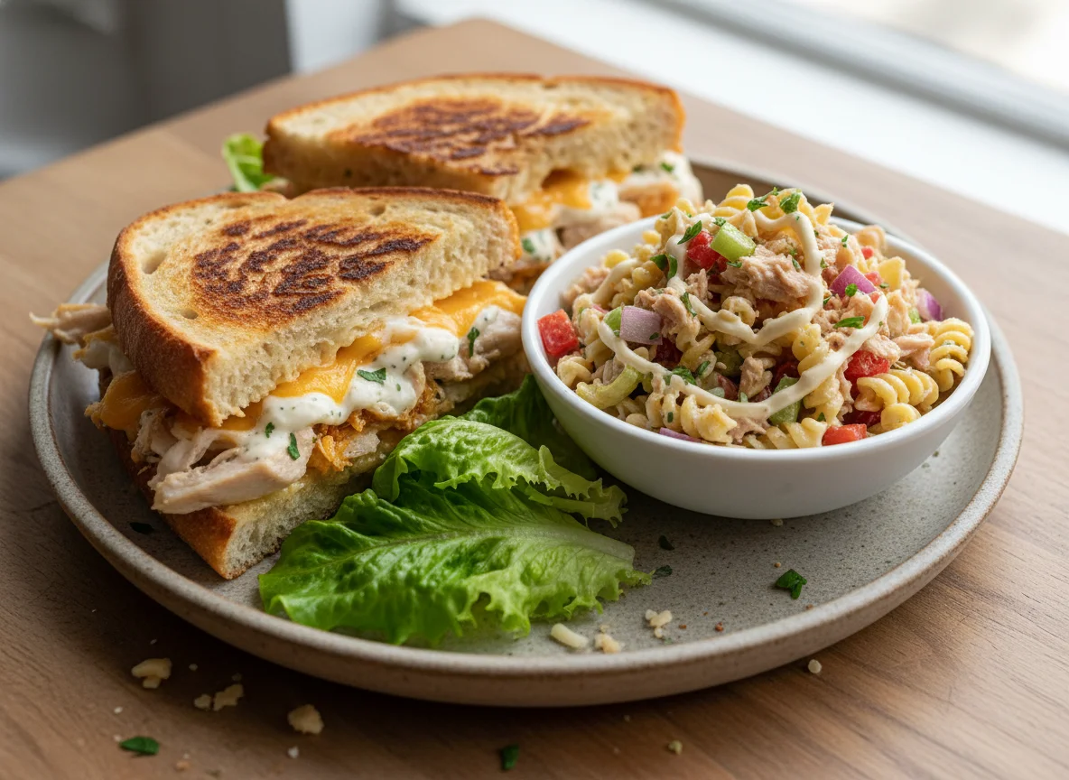 Panini de pollo con ensalada de pasta y atún photo