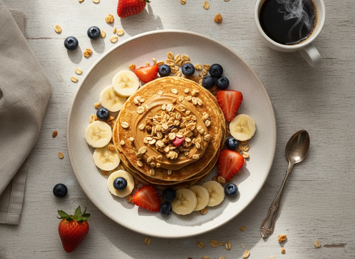 Panqueque de avena con frutas y granola photo