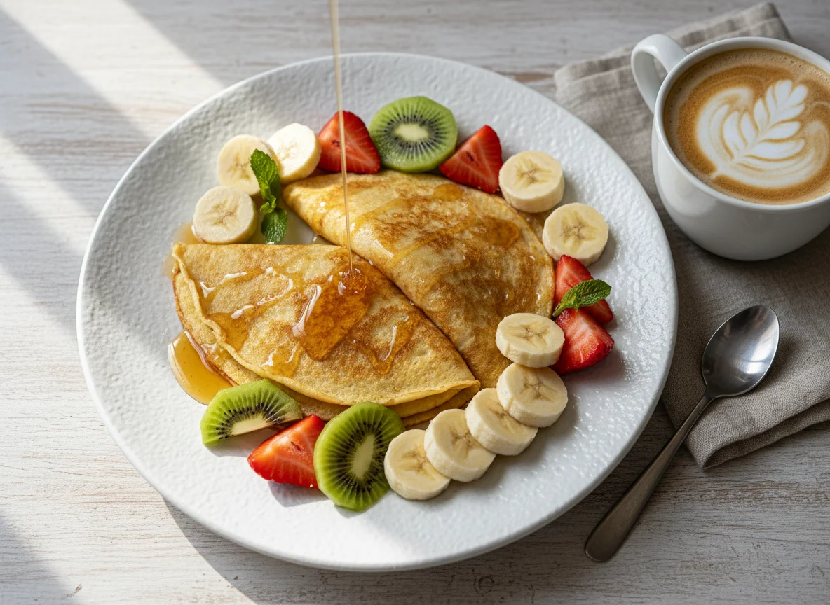 Panqueques con frutas y café con leche photo