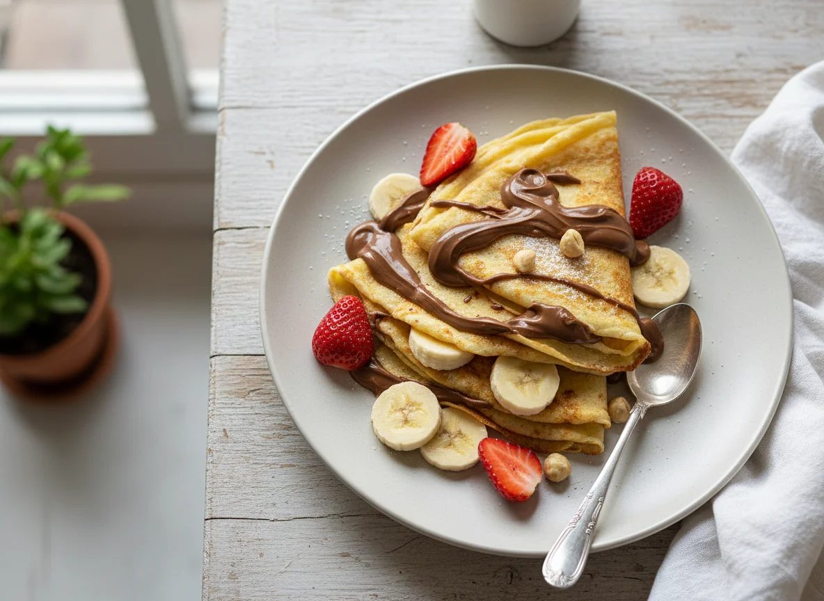 Panqueques con frutas y crema de avellanas photo