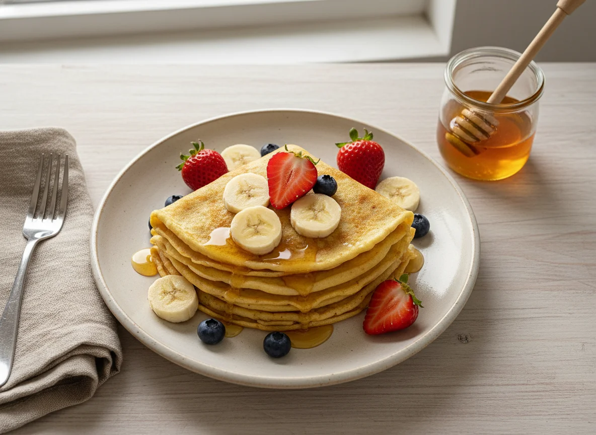 Panqueques con frutas y miel photo