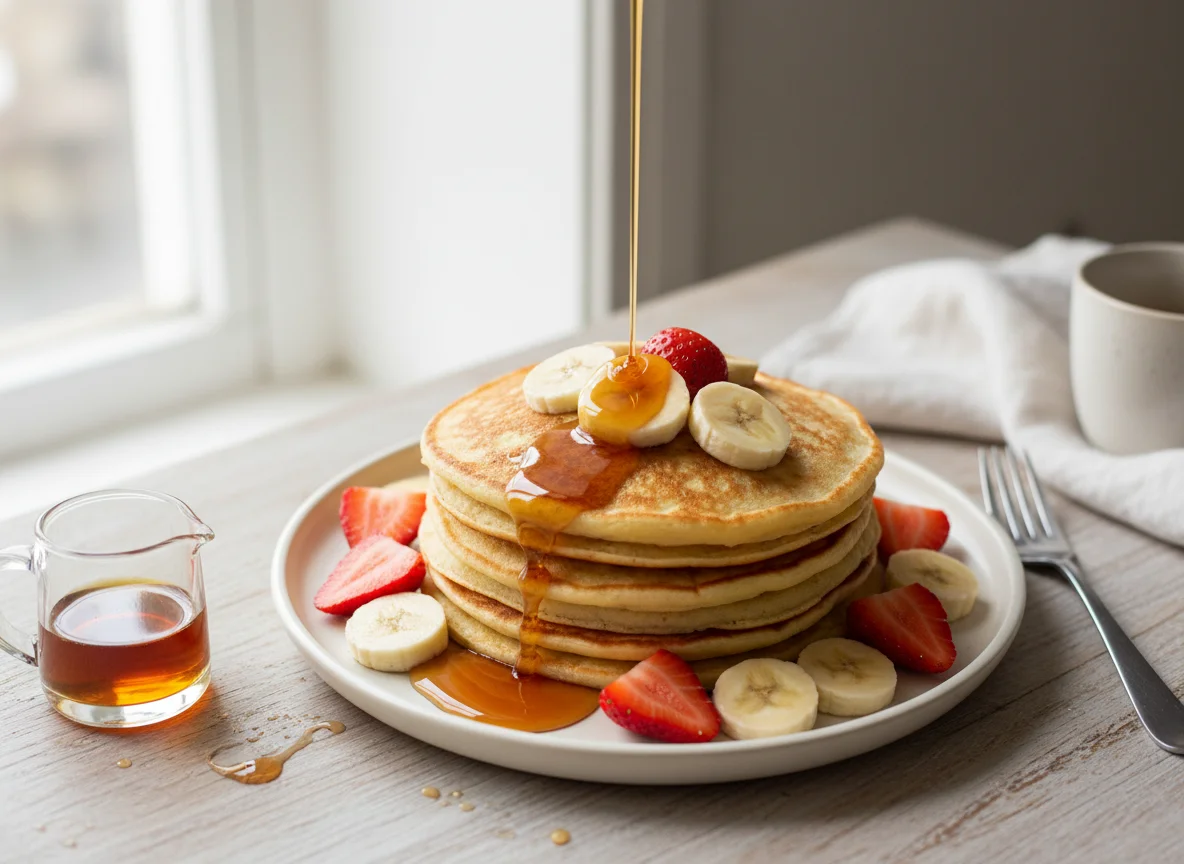 Panqueques con frutas y sirope photo