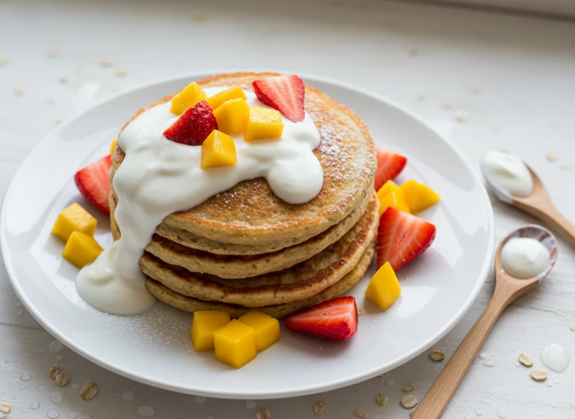 Panqueques con frutas y yogur photo