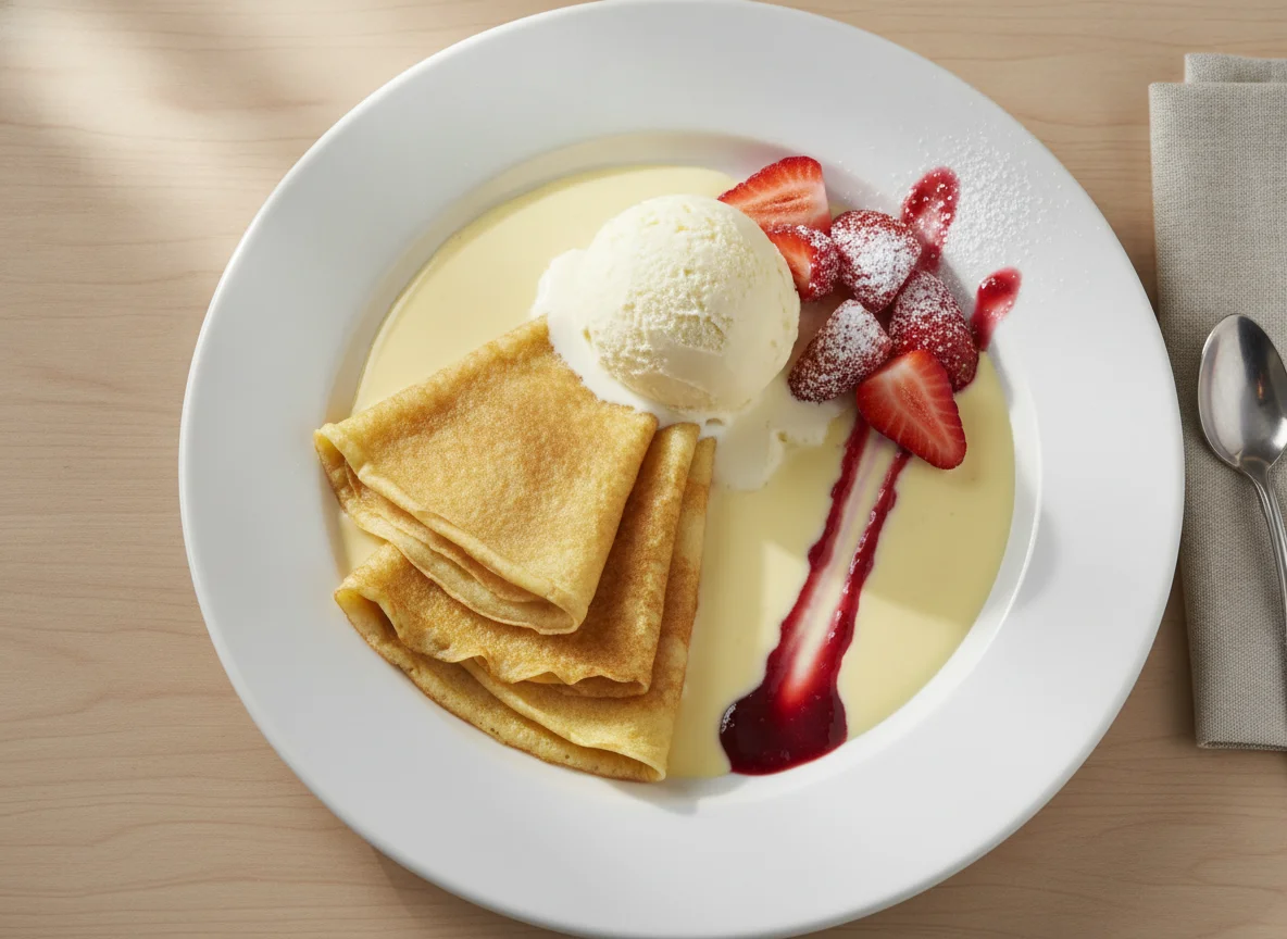Panqueques con helado de vainilla y frutillas photo