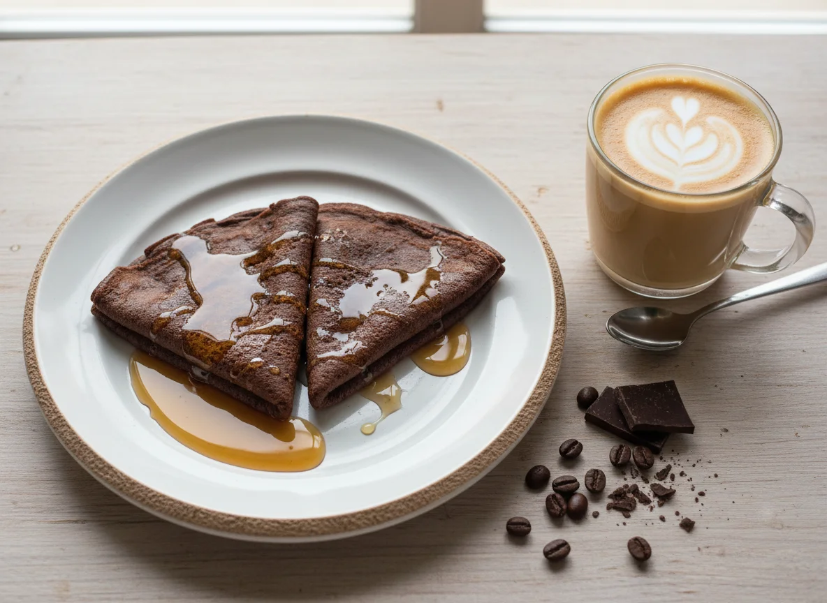 Panqueques con jarabe y café con leche photo