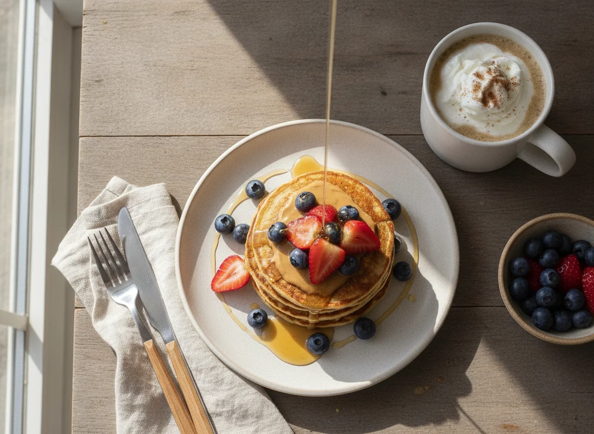 Panqueques de avena con frutas y café con leche photo