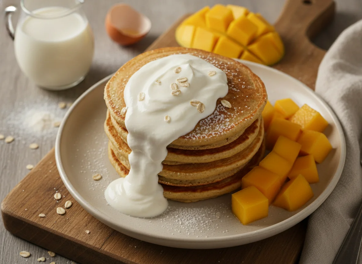 Panqueques de avena con mango y yogur photo