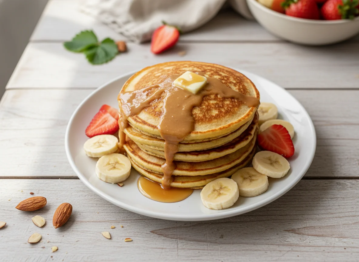 Panqueques de harina de almendras con banano y fresas photo