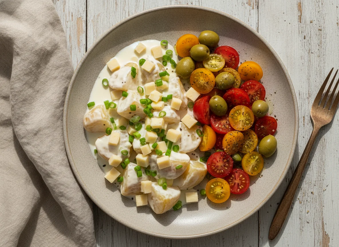 Papas a la crema con ensalada de tomates y aceitunas photo