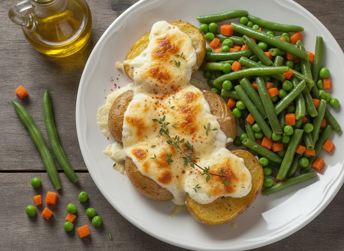 Papas al horno con crema y ensalada de ejotes photo