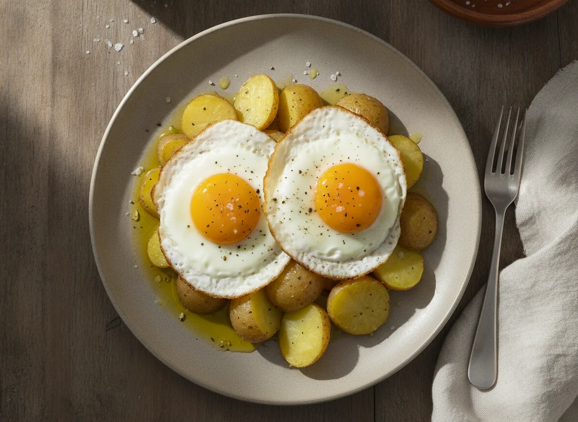 Papas cocidas con huevo frito photo