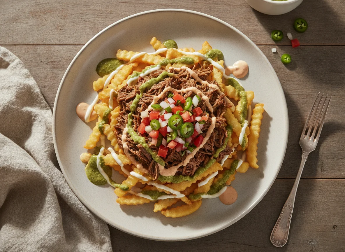 Papas con carne desmechada y salsas photo