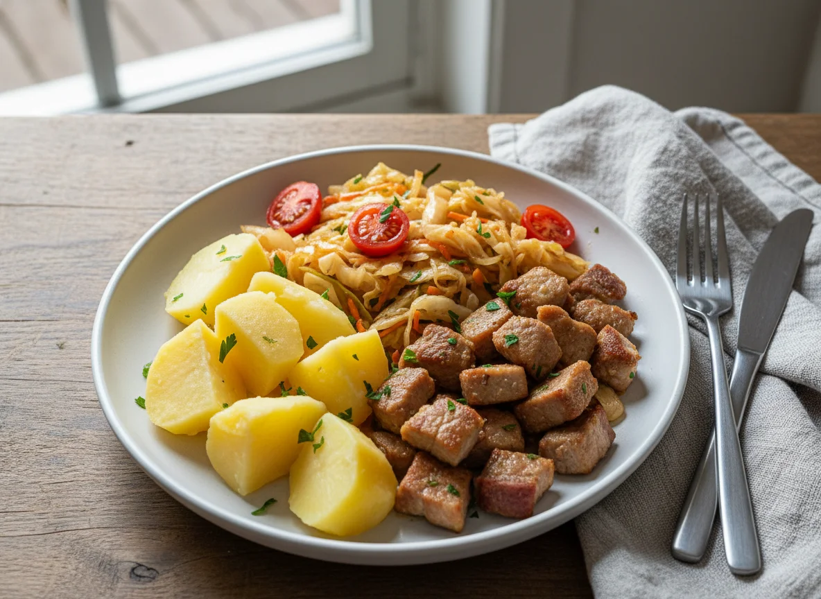 Papas con carne y ensalada photo