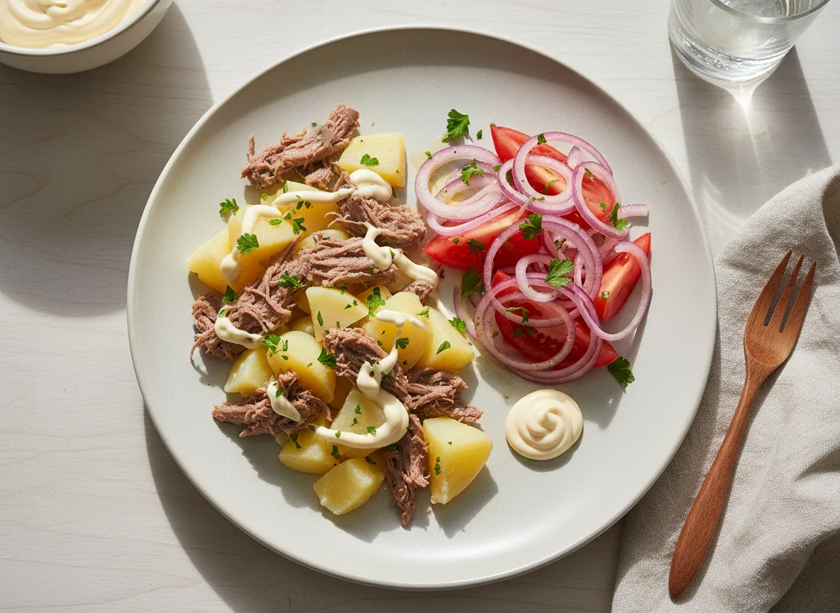 Papas con carne y ensalada chilena photo