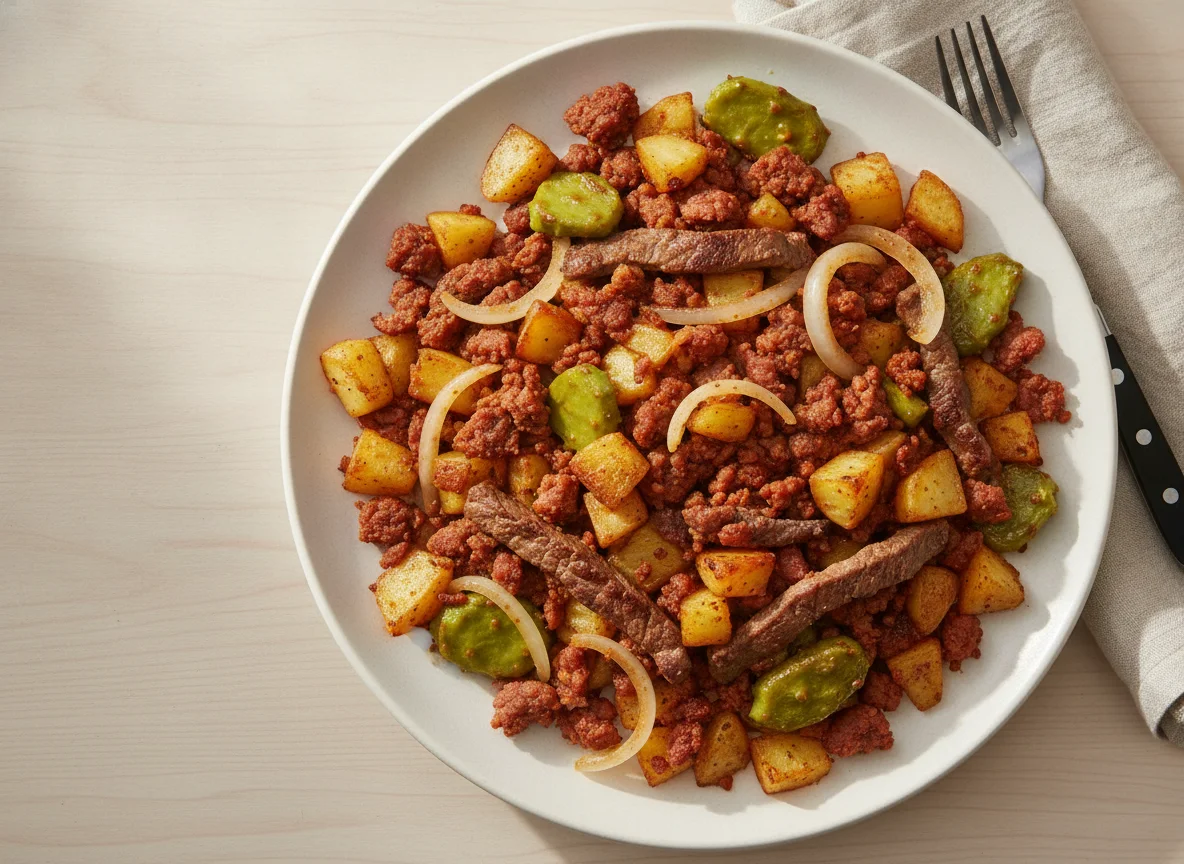 Papas con chorizo y nopales con carne photo
