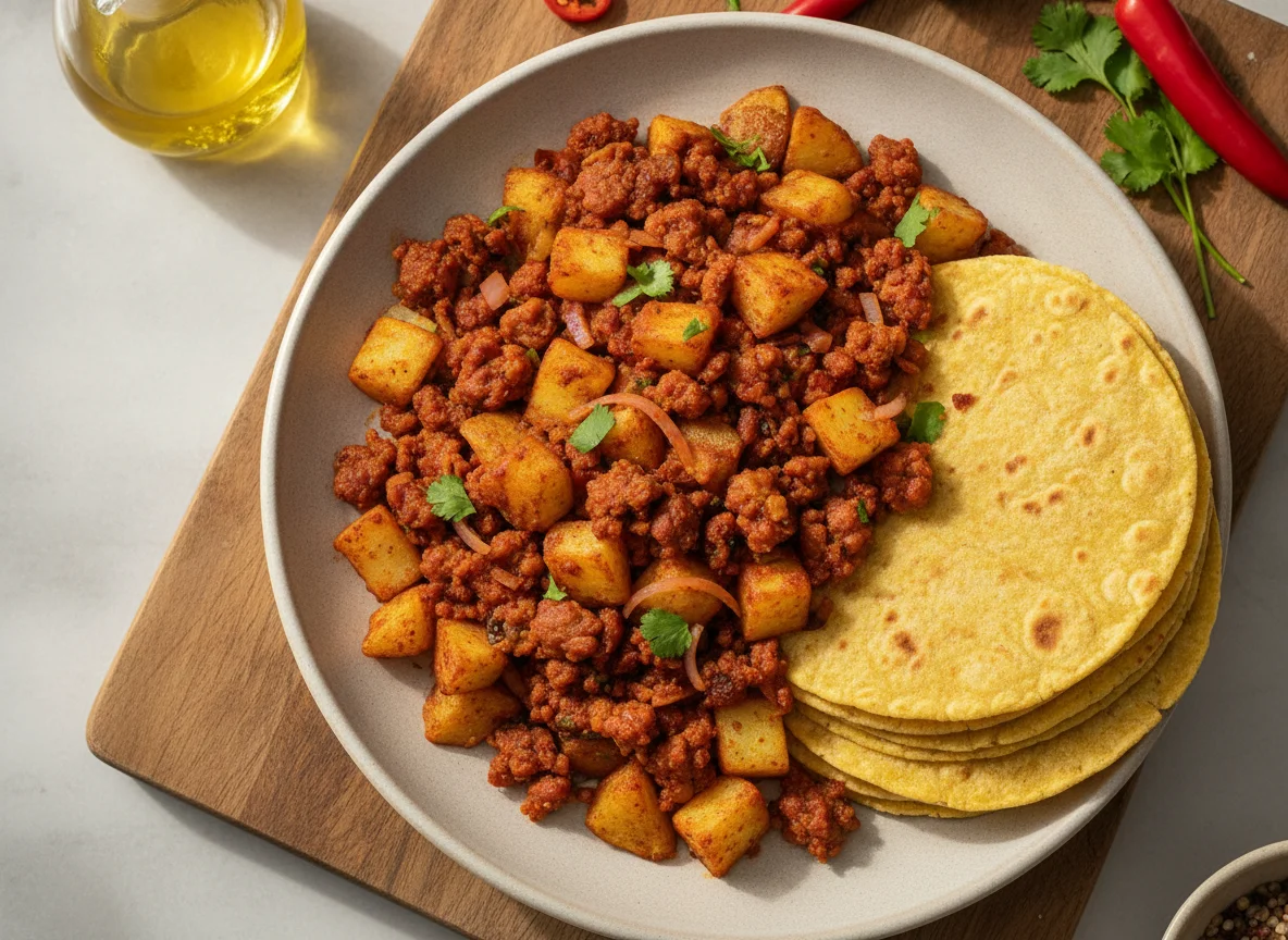 Papas con chorizo y tortillas de maíz photo