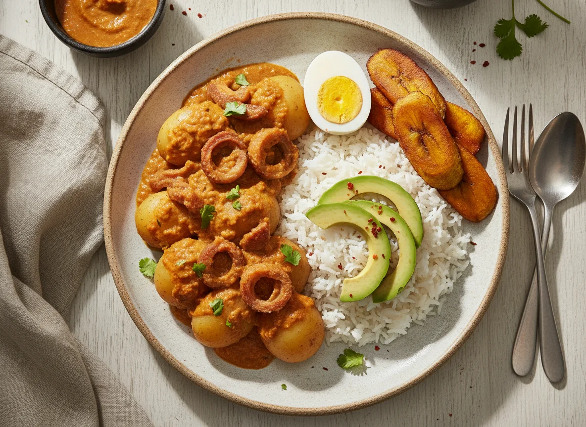 Papas con cuero y arroz con aguacate, huevo y plátano frito photo