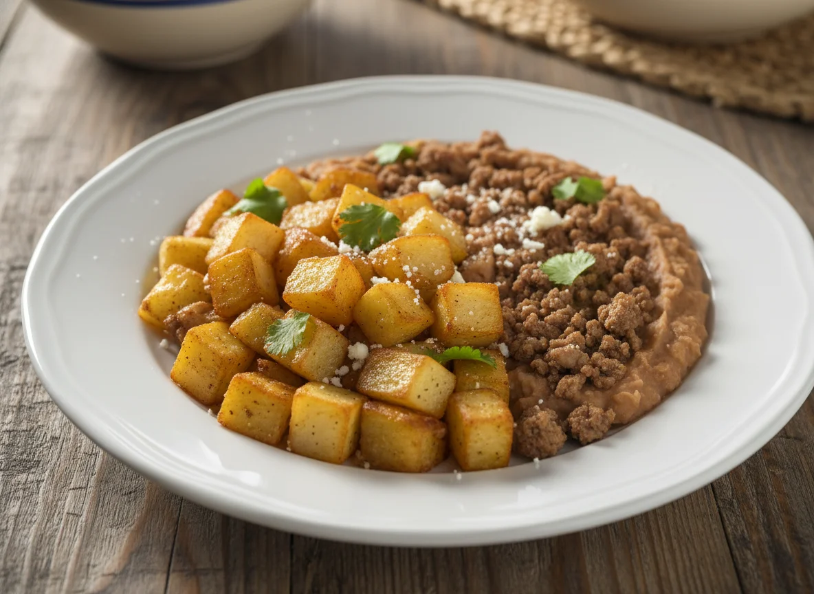 Papas con frijoles y carne photo
