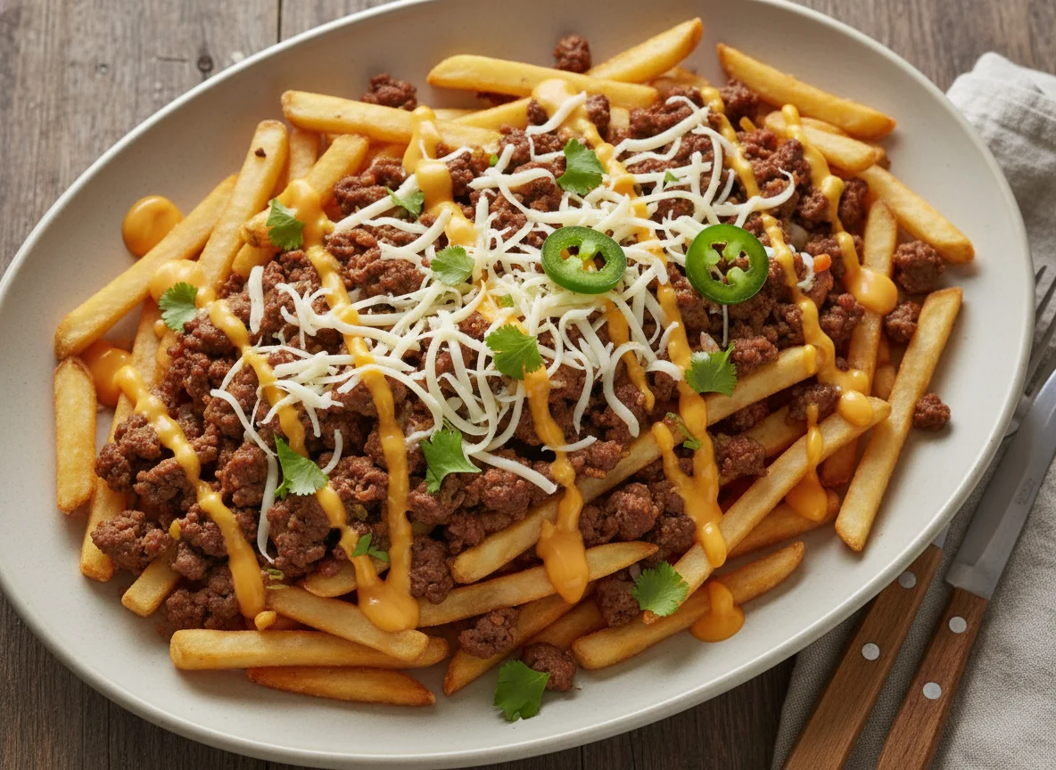 Papas fritas cargadas con carne molida y queso photo